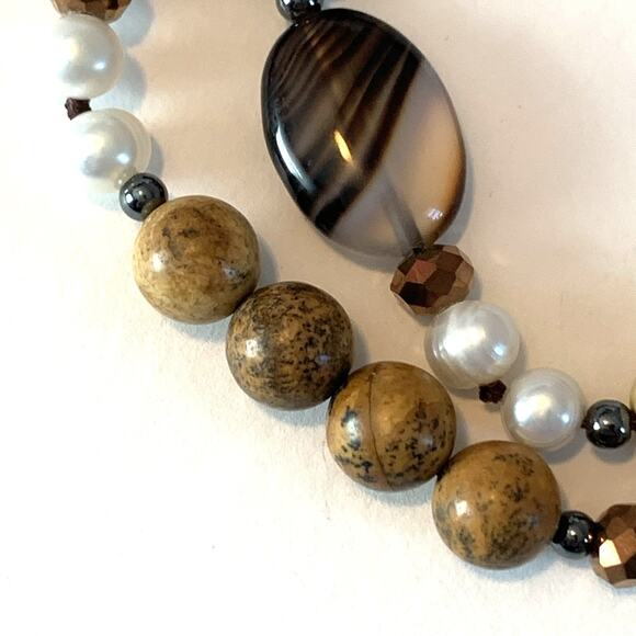 Vtg Agate Cultured Pearl Necklace Polished Gemstones Bold Southwest Statement - Picture 12 of 13
